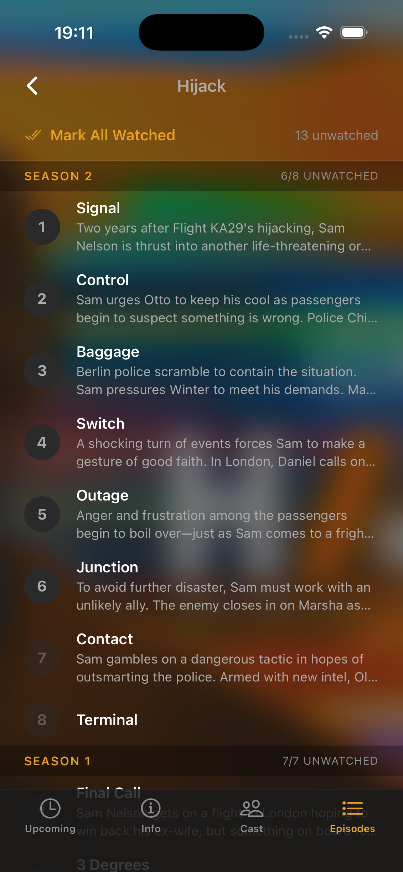 NextEp episode list for Hijack showing watched and unwatched episodes by season