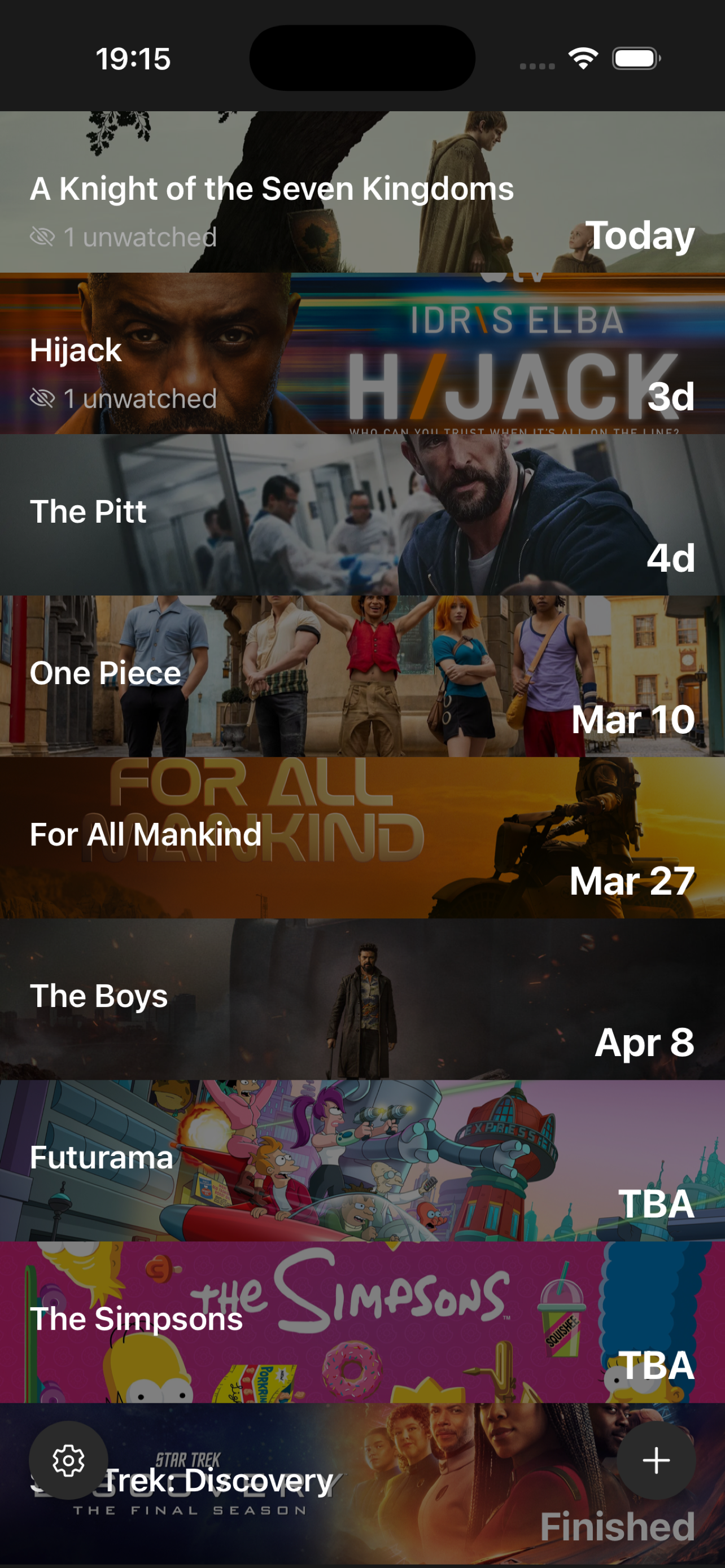 NextEp home screen showing tracked shows with backdrop images and upcoming air dates